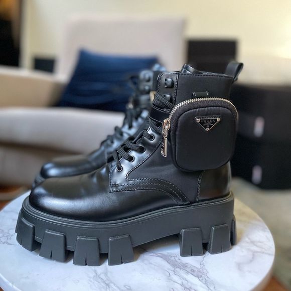 Prada Black Leather Combat Boots with Detachable Pouch - Picture 9 of 16